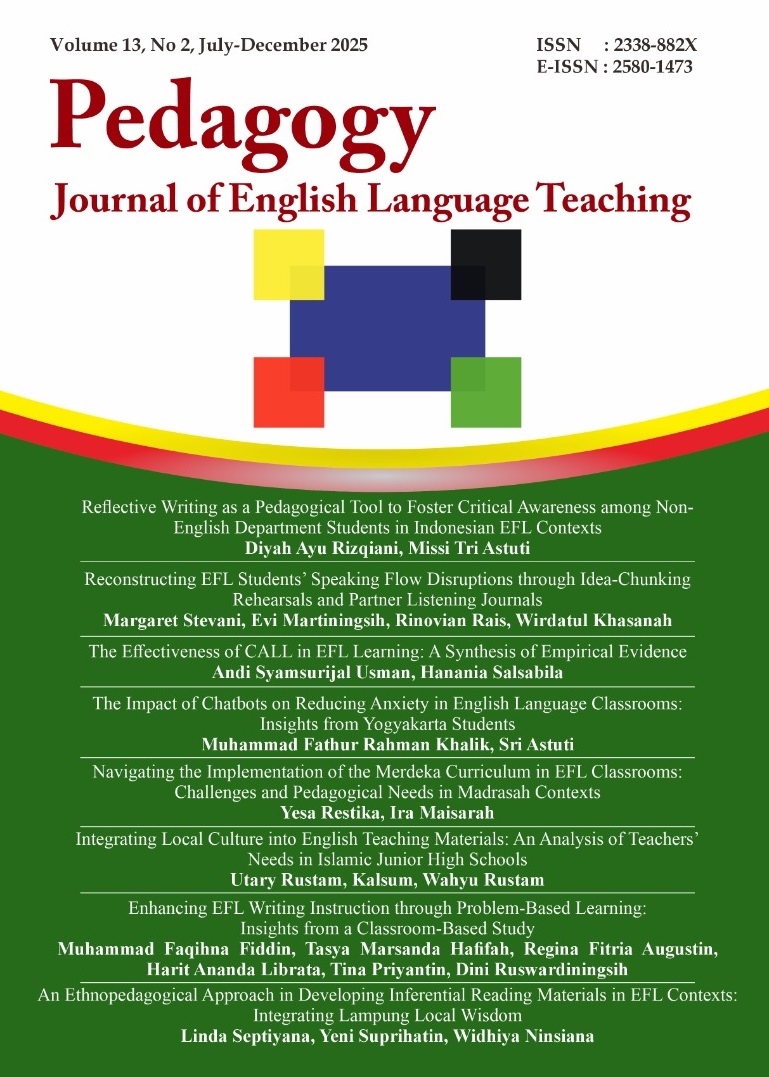 					View Vol. 13 No. 2 (2025): Pedagogy: Journal of English Language Teaching
				