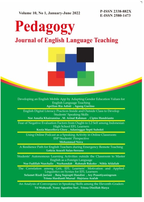 					View Vol. 10 No. 1 (2022): Pedagogy: Journal of English Language Teaching
				