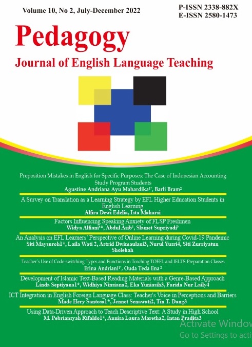 					View Vol. 10 No. 2 (2022): Pedagogy: Journal of English Language Teaching
				